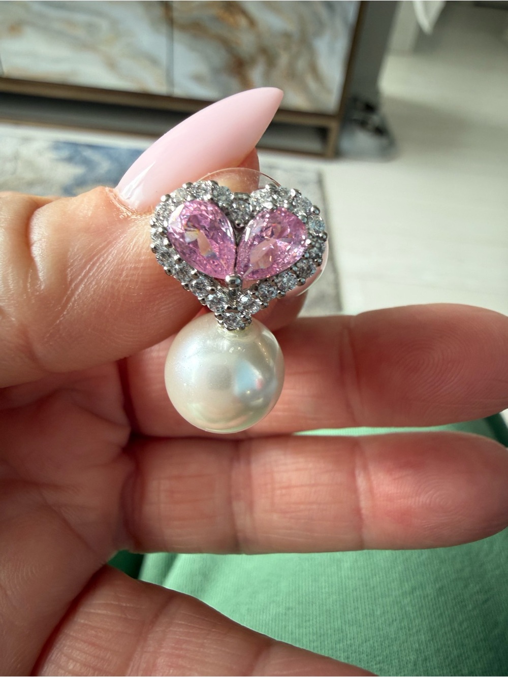 Elegant Pink Heart Drop Pearl Pierced Earrings - Women Jewelry